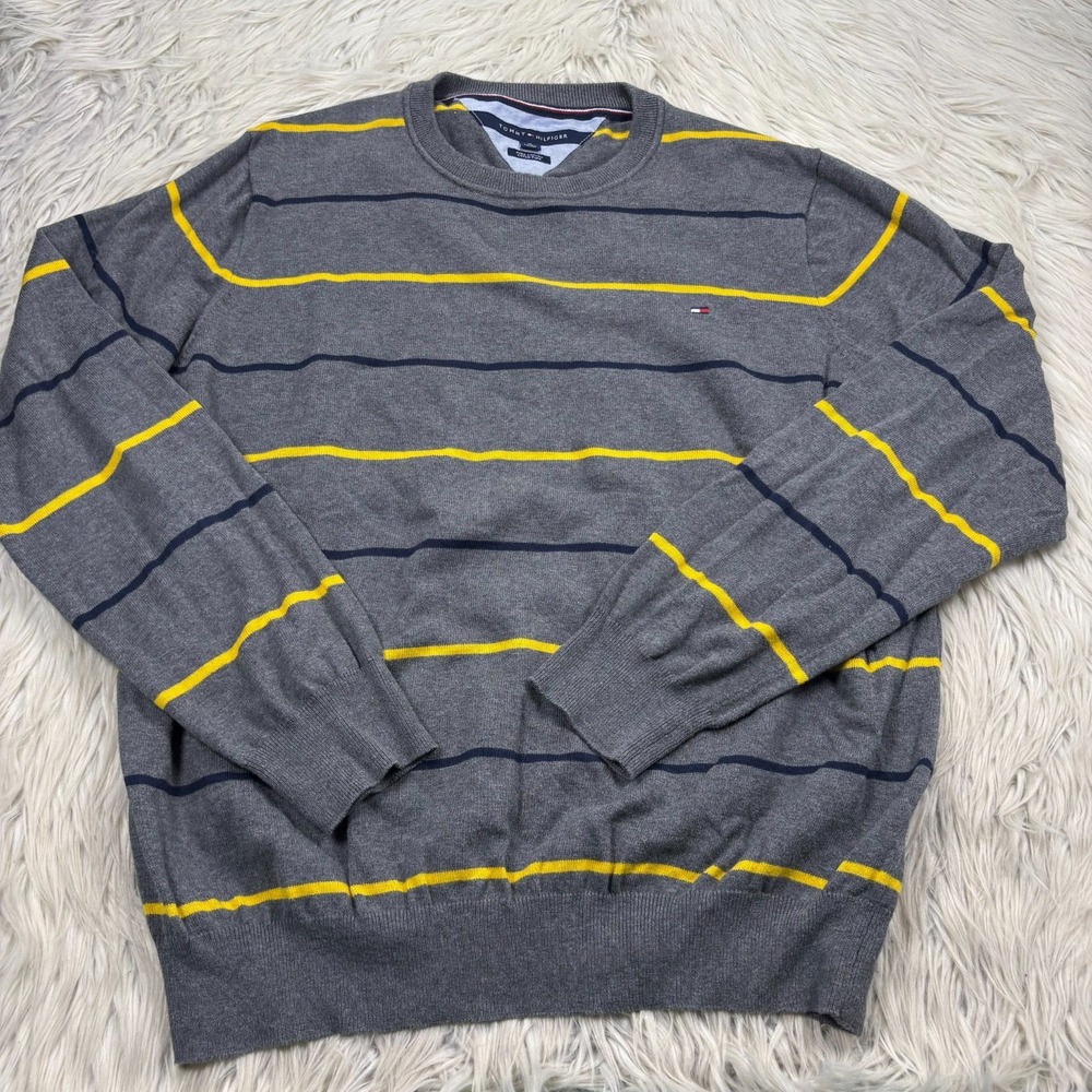 Tommy Hilfiger Men's XL Gray‎ Striped Crew Sweater Preppy Heritage Pima Cotton